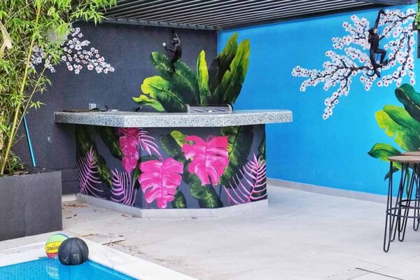 Τοιχογραφίες για ξενοδοχεία. Ζωγραφική τροπικών φυτών σε κήπους και αυλές.